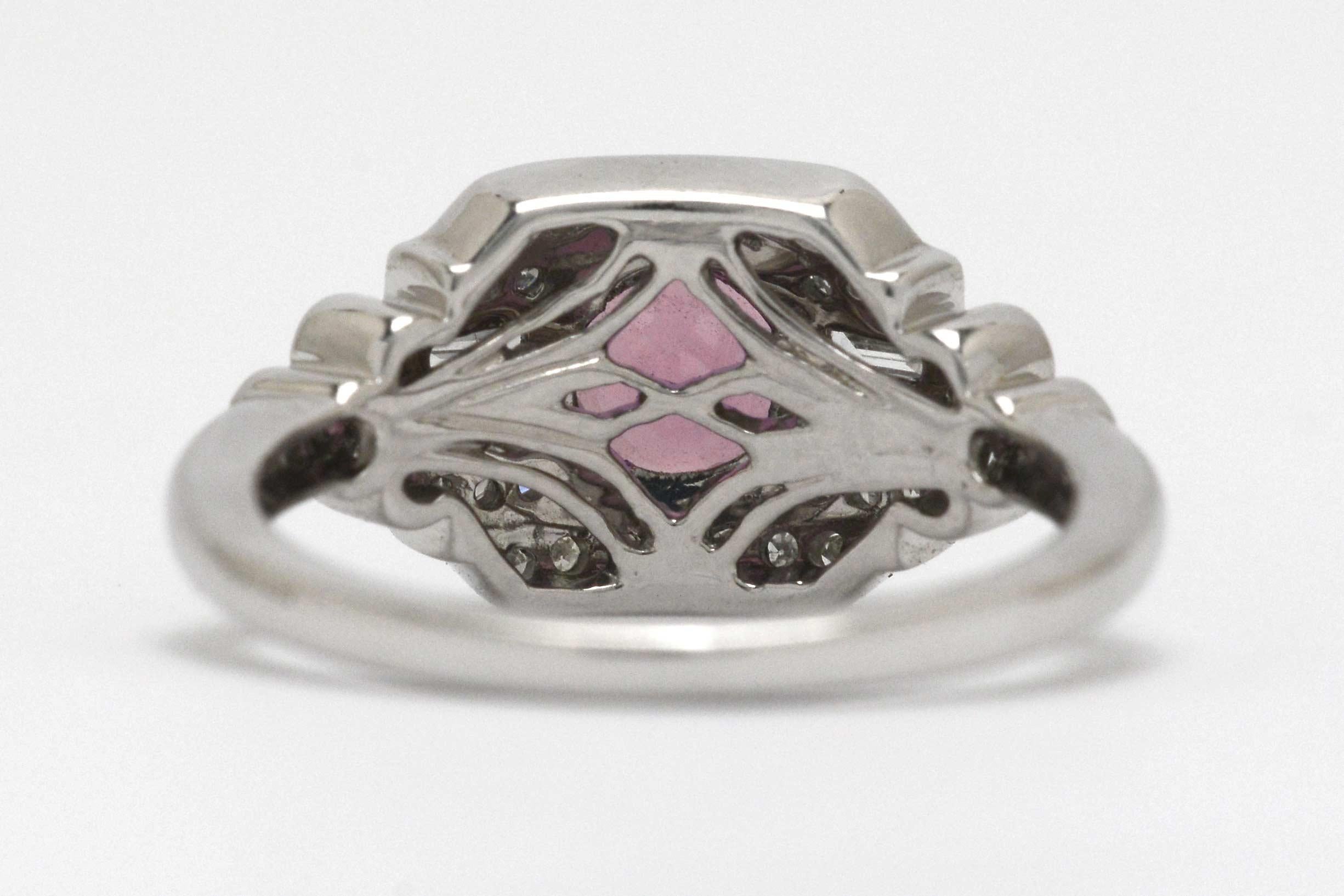 Pink Sapphire Estate Diamond White Gold Gemstone Engagement Ring Art Deco Style In Good Condition In Santa Barbara, CA