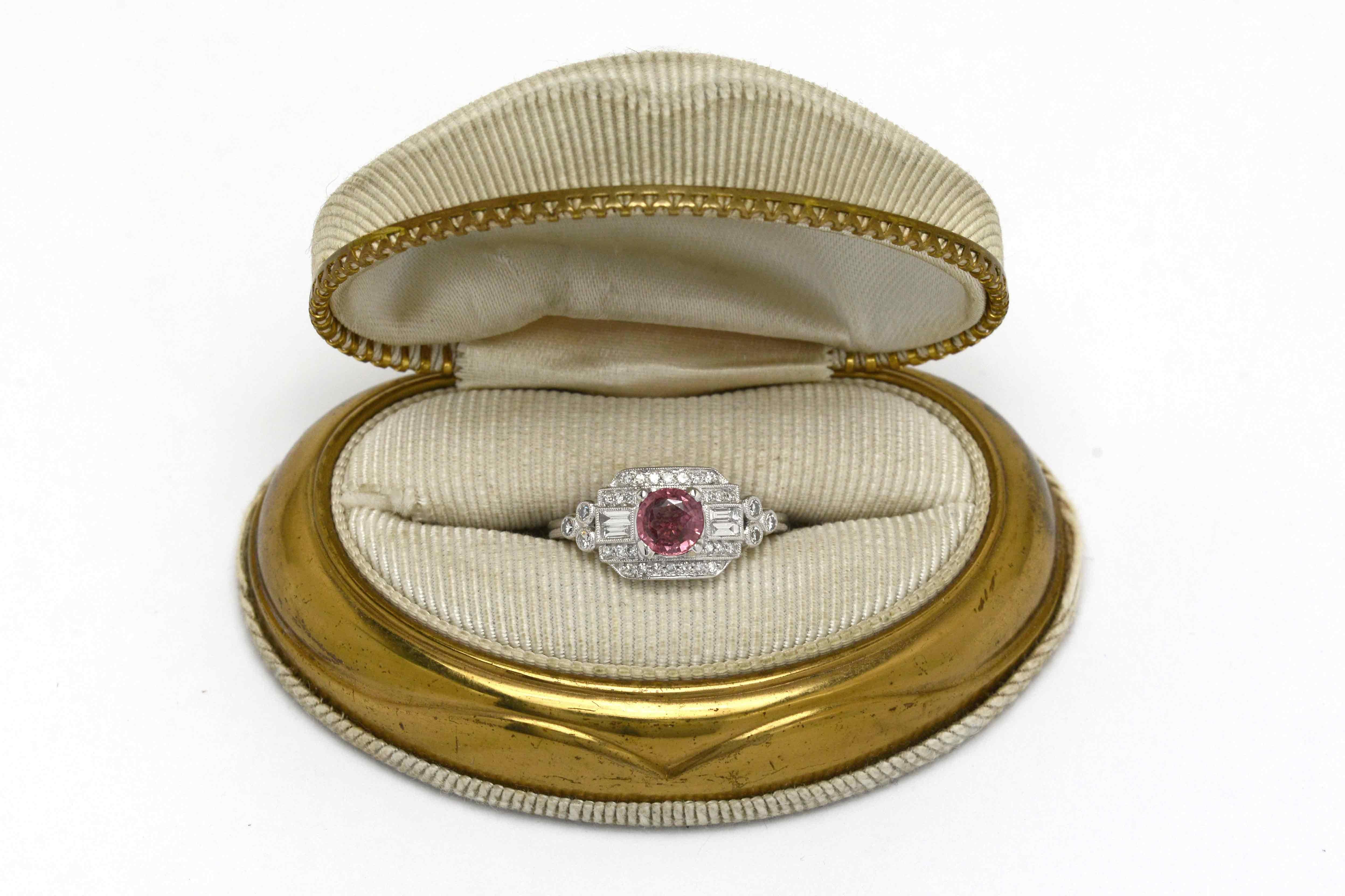 Women's Pink Sapphire Estate Diamond White Gold Gemstone Engagement Ring Art Deco Style