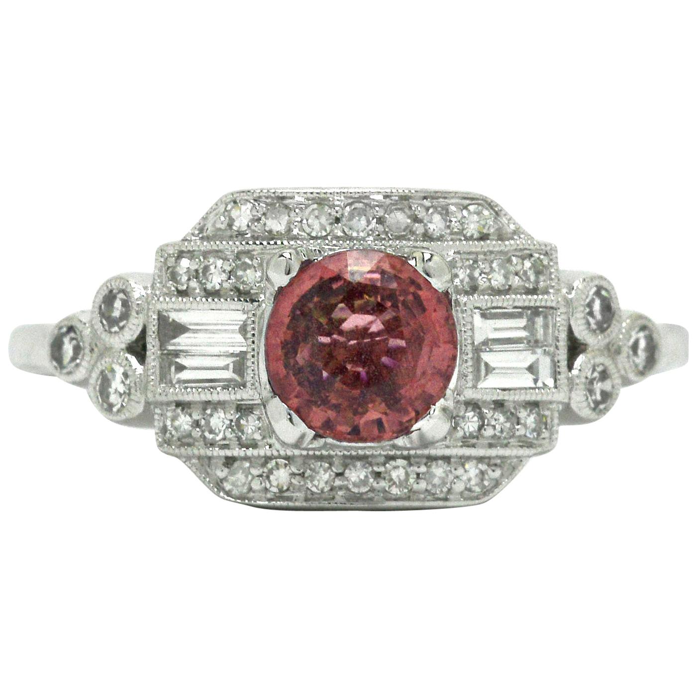 Pink Sapphire Estate Diamond White Gold Gemstone Engagement Ring Art Deco Style