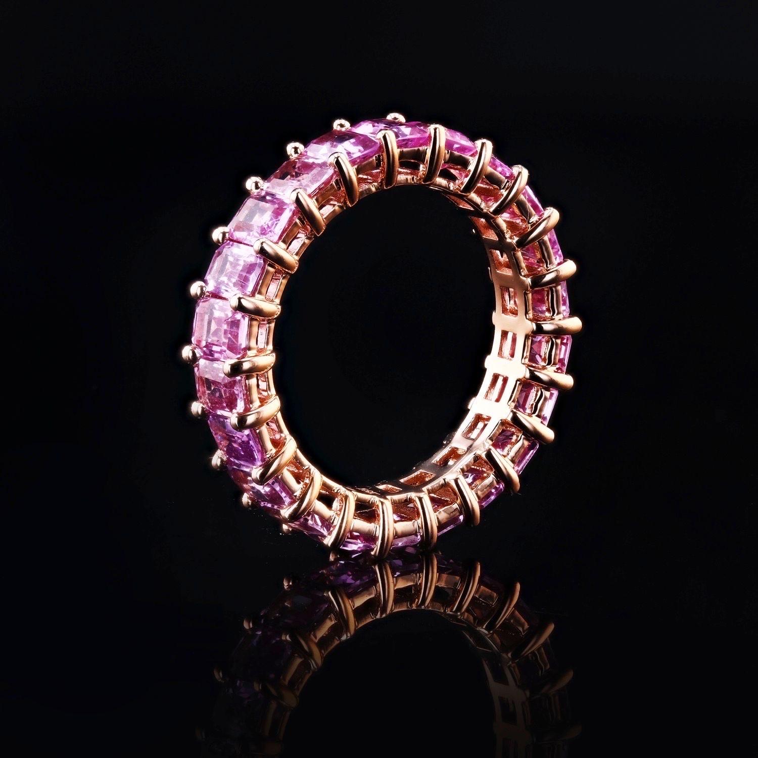 5.00 carats on average pink sapphire eternity band set in rose gold, white gold, or yellow gold.