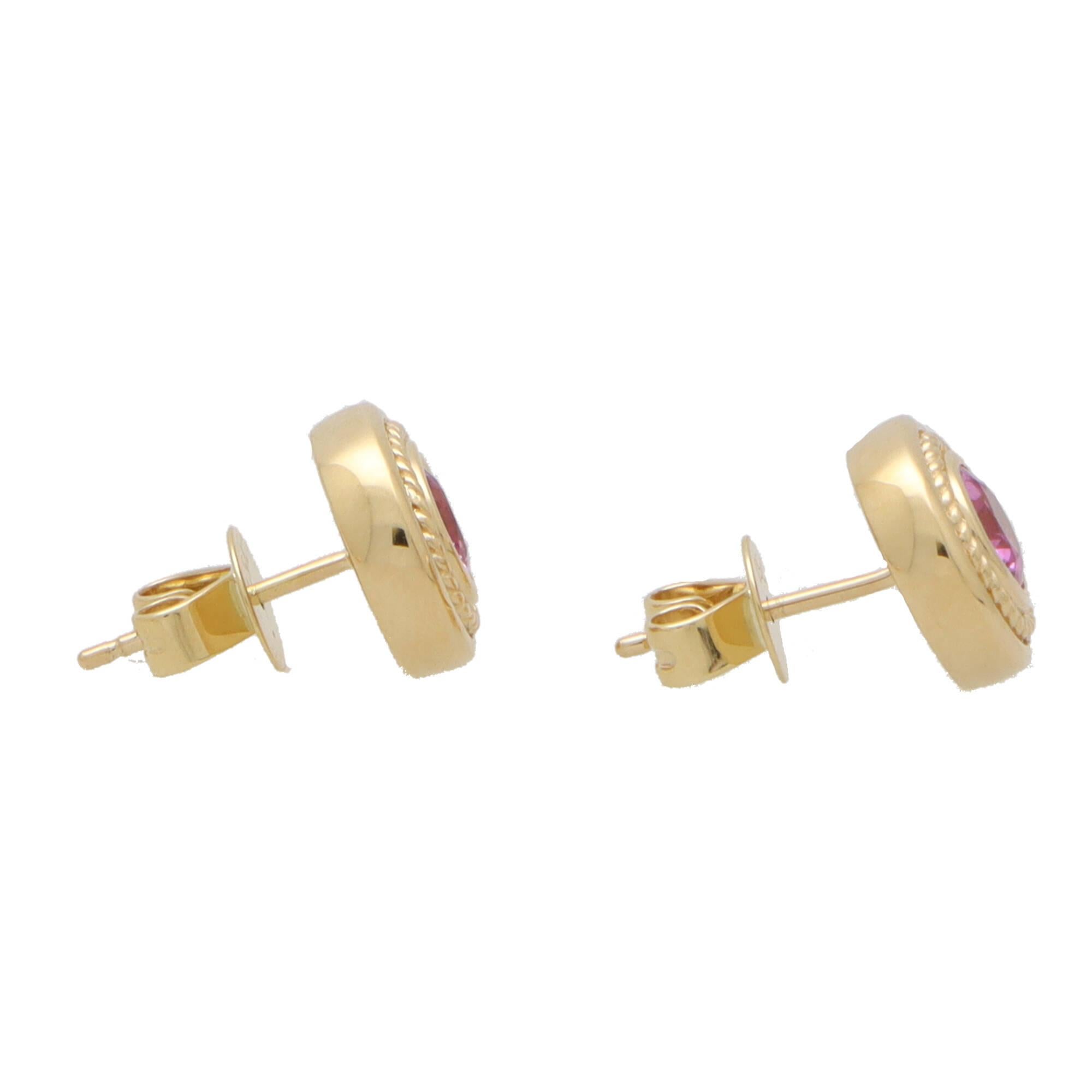 Round Cut Pink Sapphire Etruscan Inspired Stud Earrings in 18k Yellow Gold For Sale