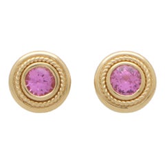 Pink Sapphire Etruscan Inspired Stud Earrings in 18k Yellow Gold