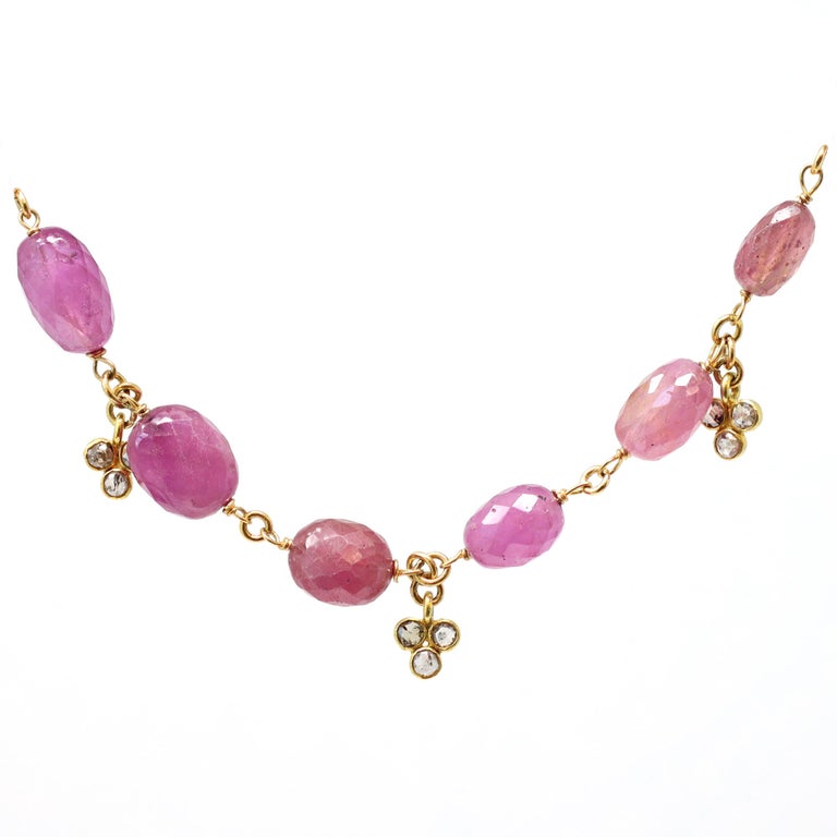Mixed Cut Pink Sapphire Faceted Bead and Diamond Necklace For Sale