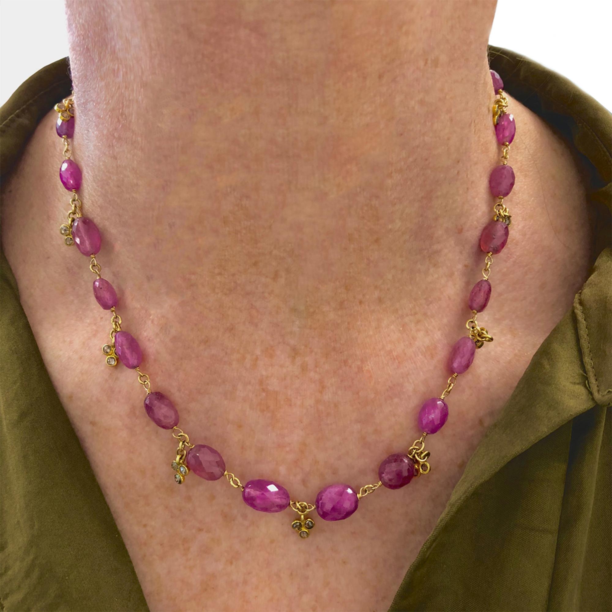 Mixed Cut Pink Sapphire Faceted Bead and Diamond Necklace For Sale