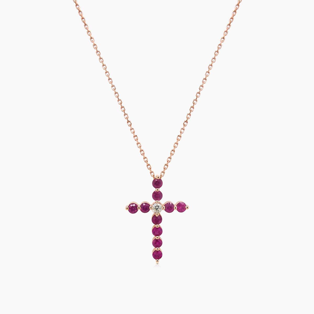 Mixed Cut Pink Sapphire & Fancy Diamond 18K Rose Gold Cross Pendant Necklace For Sale