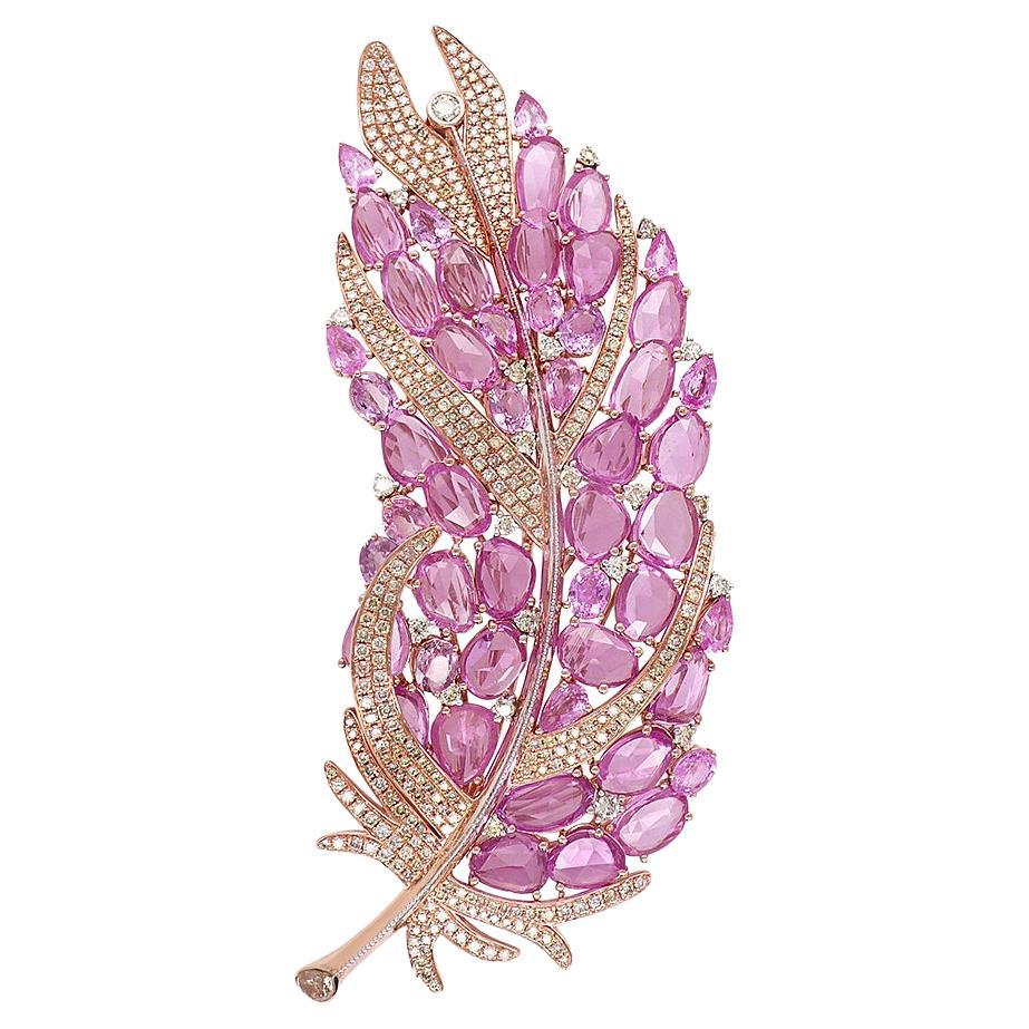 Broche oiseau à plumes en or rose 18K avec saphir rose et diamant fantaisie