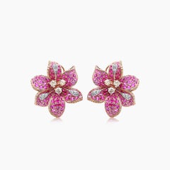 Pink Sapphire Fancy & White Diamond Lilly Flower Floral 18K Rose Gold Ohrringe