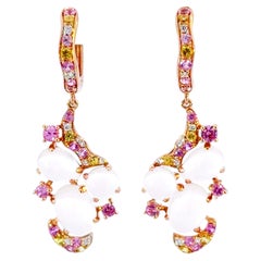 Cabochon Moonstone and Pink Sapphire Dangly Earrings 14K Rose Gold