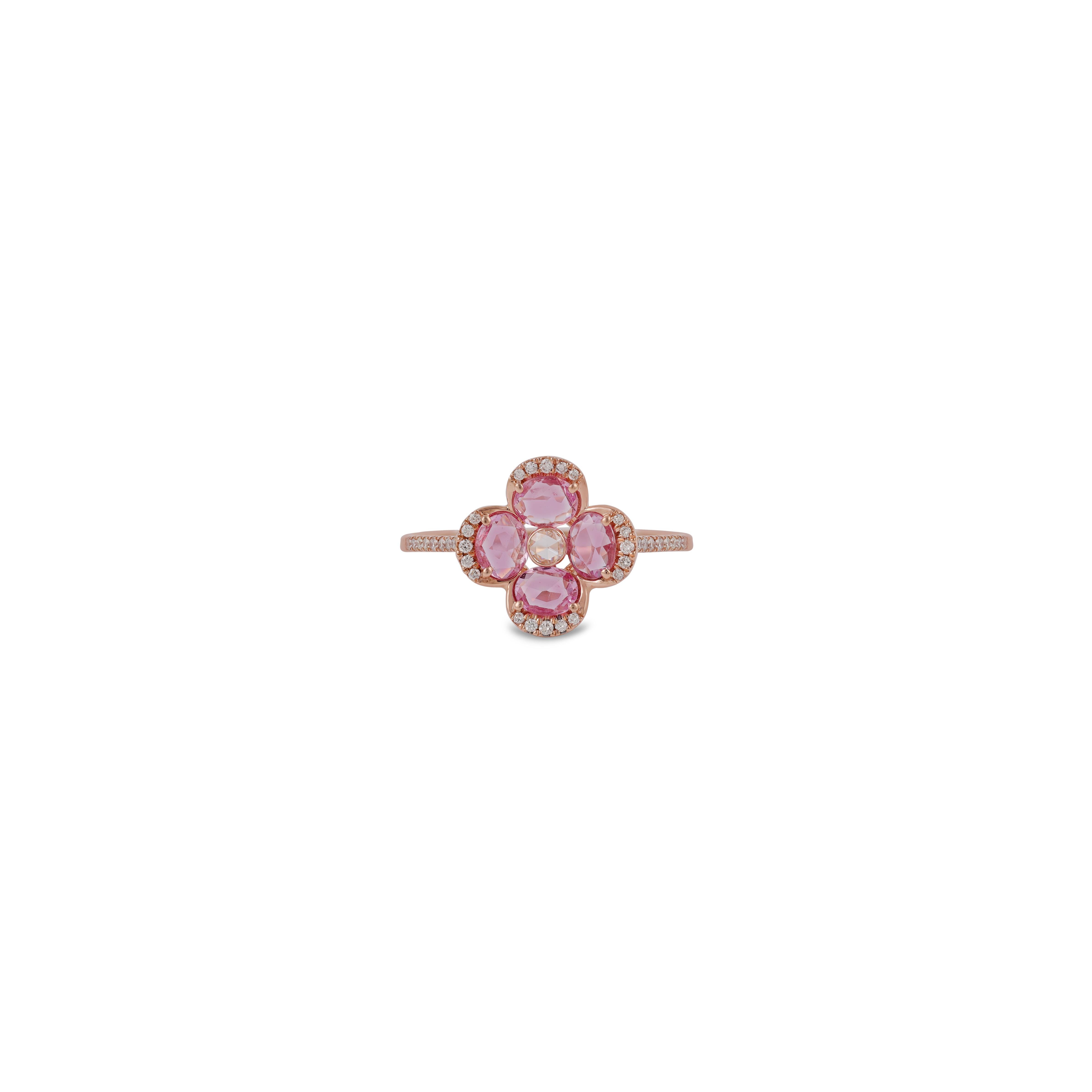 This is an elegant Pink Sapphire & diamond ring studded in 18k Rose gold features a fine quality of Oval-shaped Pink Sapphire 1.41 carats with 1 Diamond 0.08carats, Diamond 0.17 Carat this entire ring is made in 18k Rose gold weight 3.10 grams, it