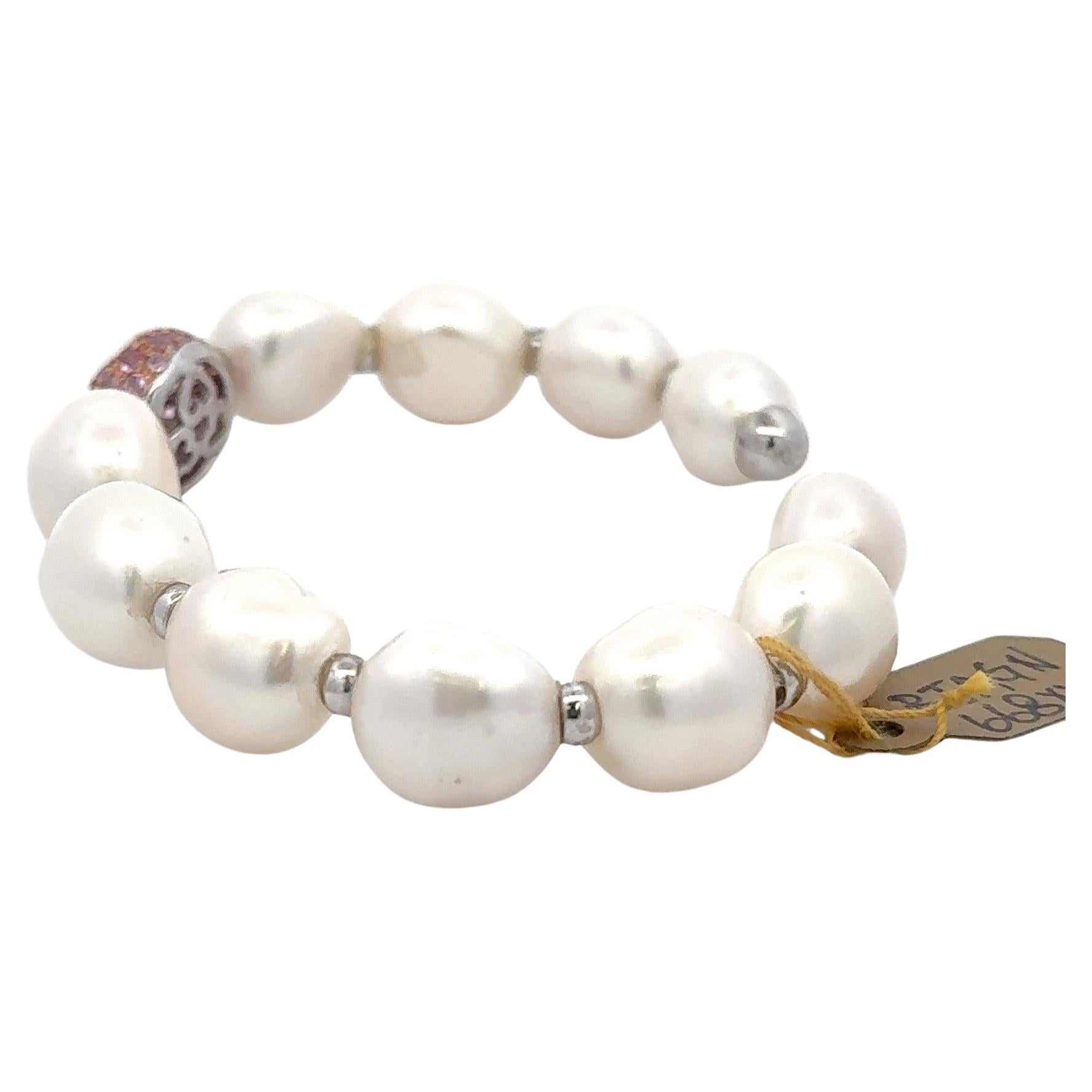 Contemporary Pink Sapphire Freshwater Pearl Bangle Bracelet 18 Karat White Gold