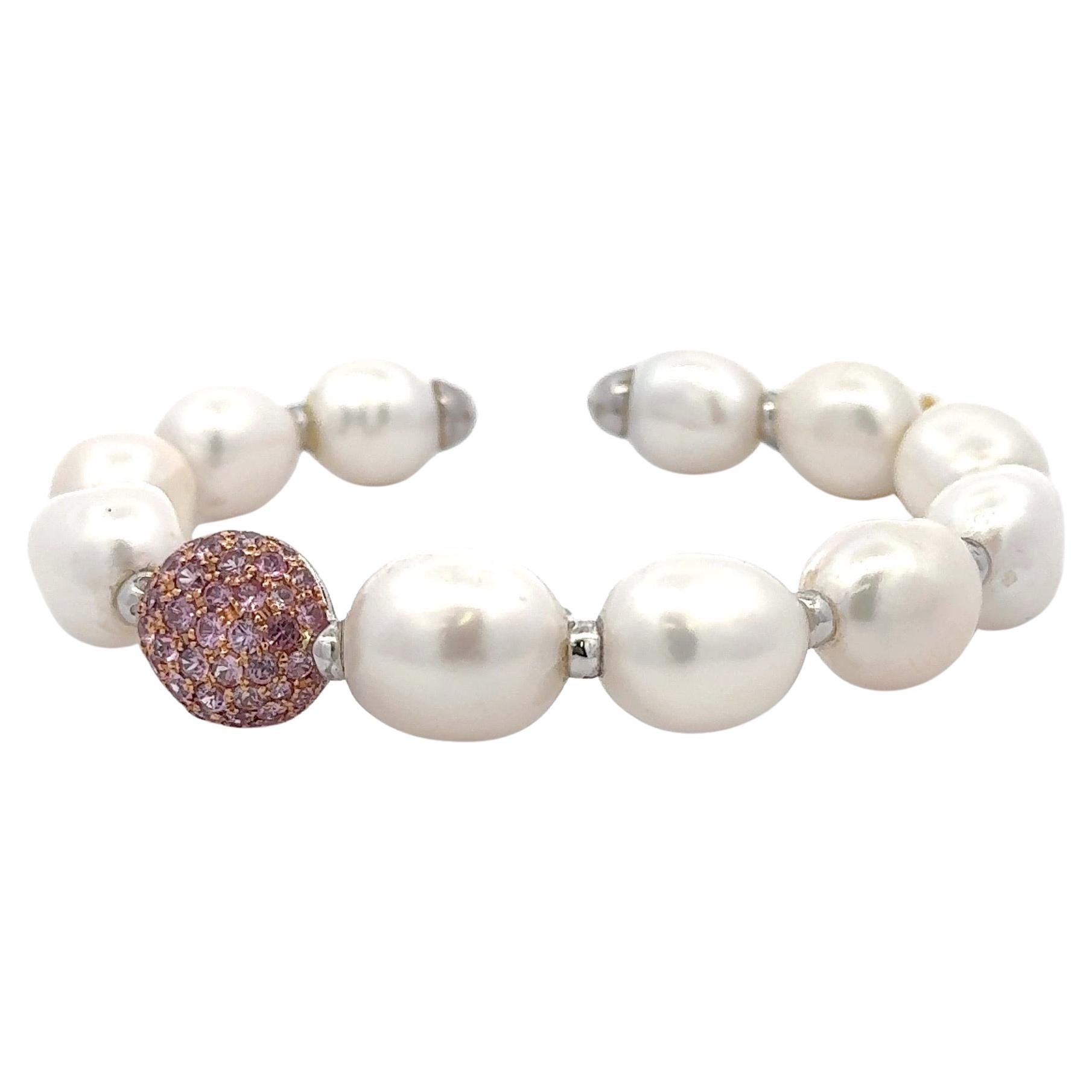 Pink Sapphire Freshwater Pearl Bangle Bracelet 18 Karat White Gold