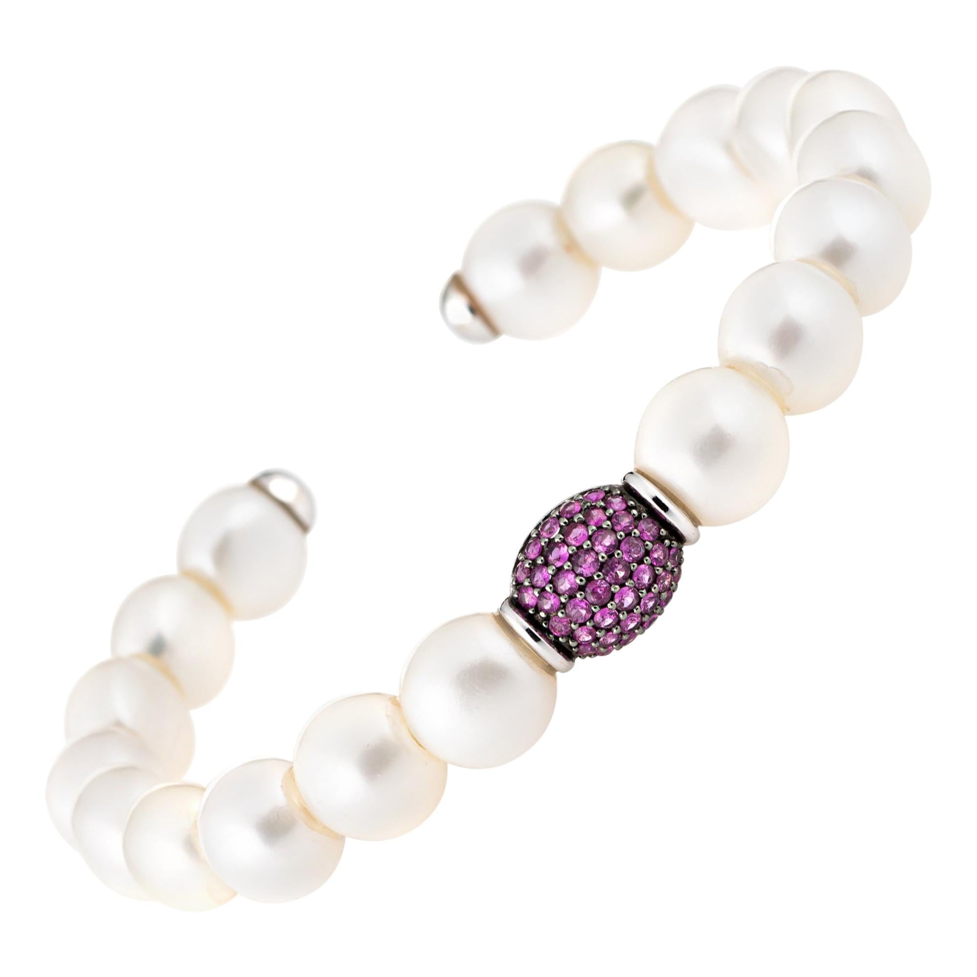 Pink Sapphire Freshwater Pearl Cuff Bracelet Estate 18 Karat Gold Fine Jewelry