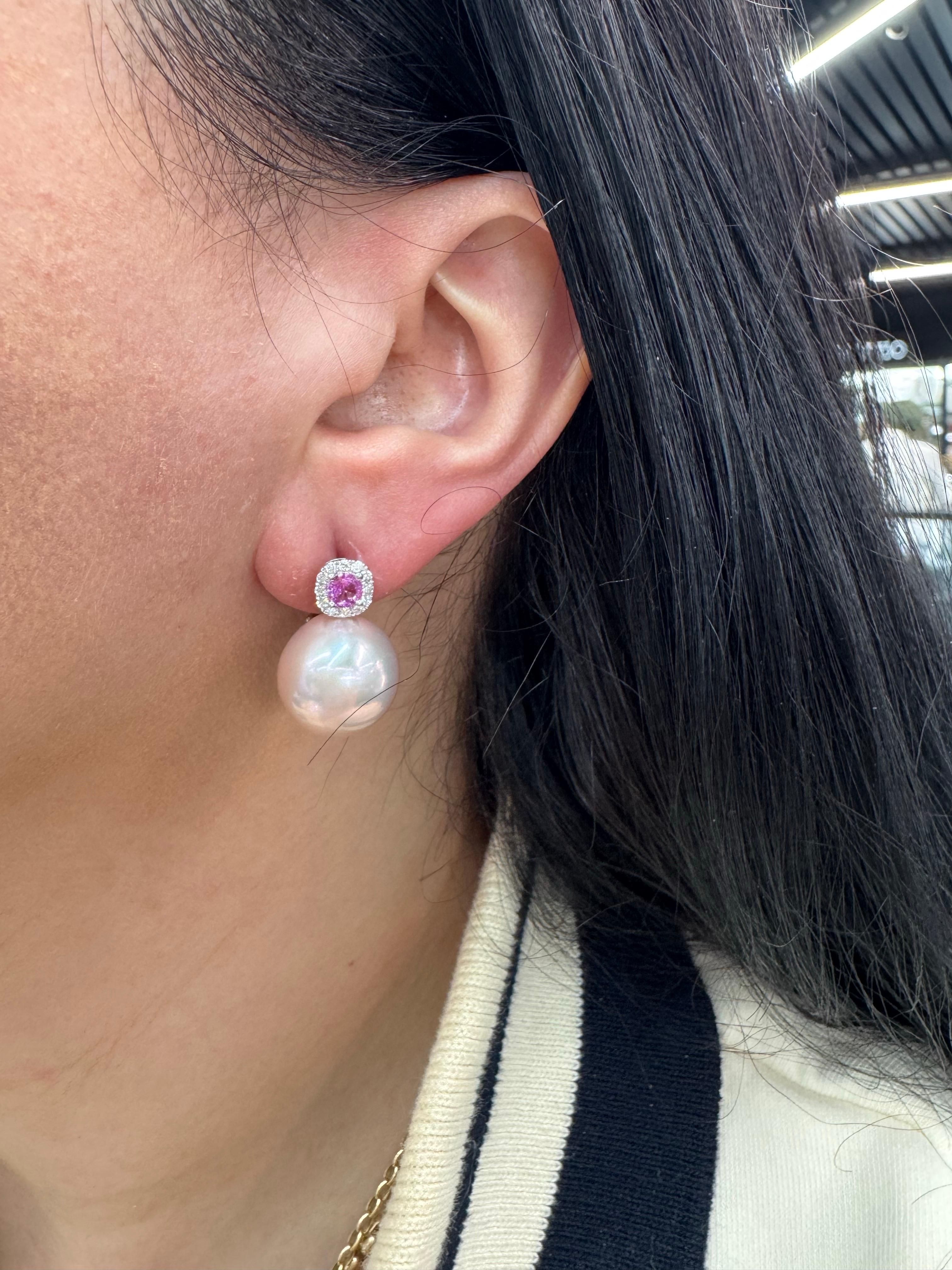 Zafiro rosa y perla de agua dulce Pendientes de diamantes 0,80 CTTW 14-15 MM 18KT en venta 4