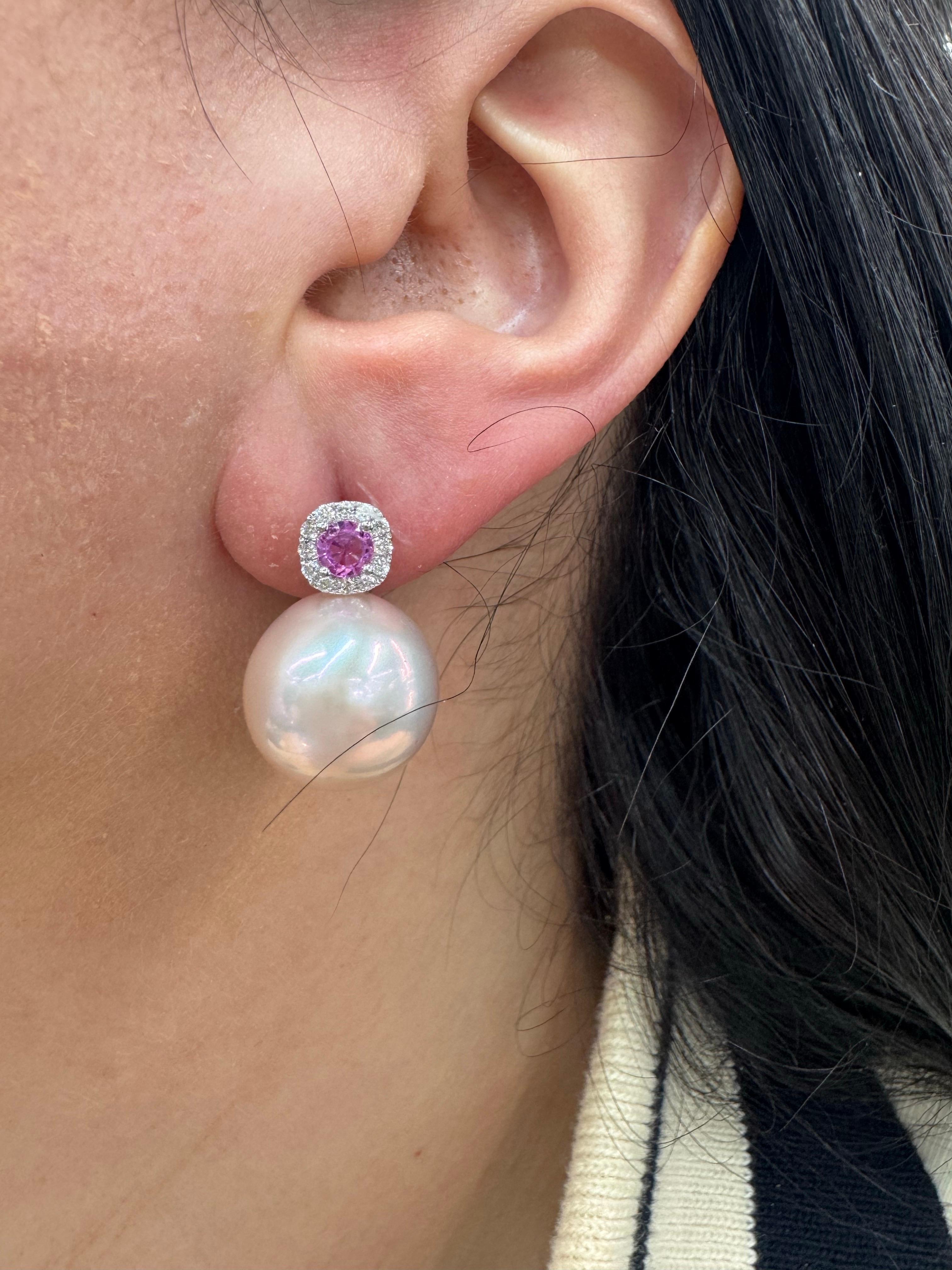 Zafiro rosa y perla de agua dulce Pendientes de diamantes 0,80 CTTW 14-15 MM 18KT en venta 3