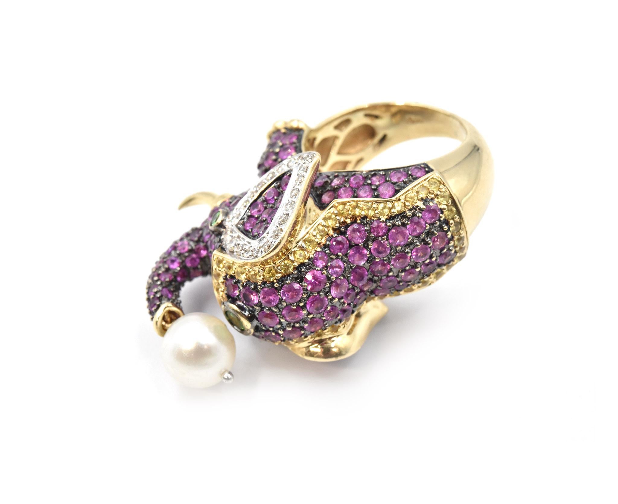 Round Cut Pink Sapphire, Garnet, Pearl and Tsavorite 14 Karat Yellow Gold Elephant Ring