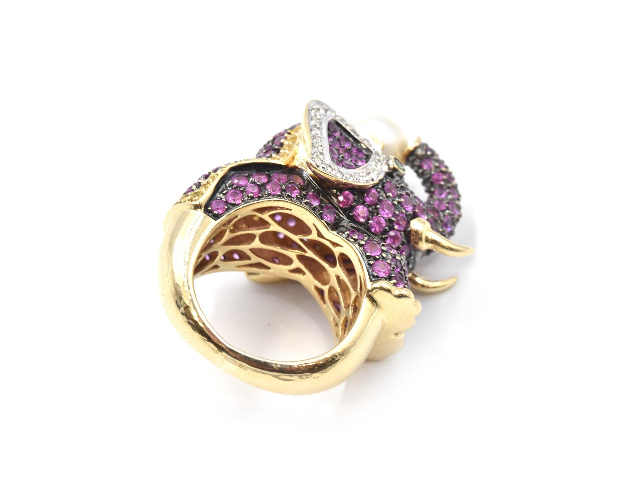 Pink Sapphire, Garnet, Pearl and Tsavorite 14 Karat Yellow Gold Elephant Ring In Excellent Condition In Scottsdale, AZ