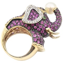 Pink Sapphire, Garnet, Pearl and Tsavorite 14 Karat Yellow Gold Elephant Ring