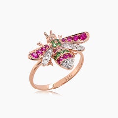 Pink Sapphire & Gemstone and Diamond Pave Bee 18K Rose Gold Animal Ring