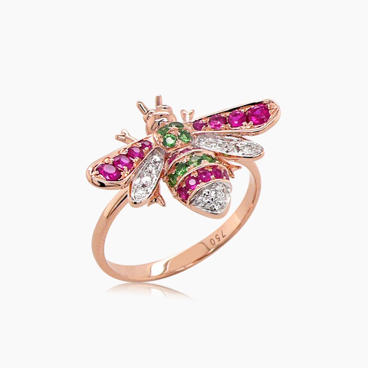 Zafiro Rosa y Piedra Preciosa y Diamante Pave Abeja Anillo Animal de Oro Rosa de 18K Corte mixto en venta