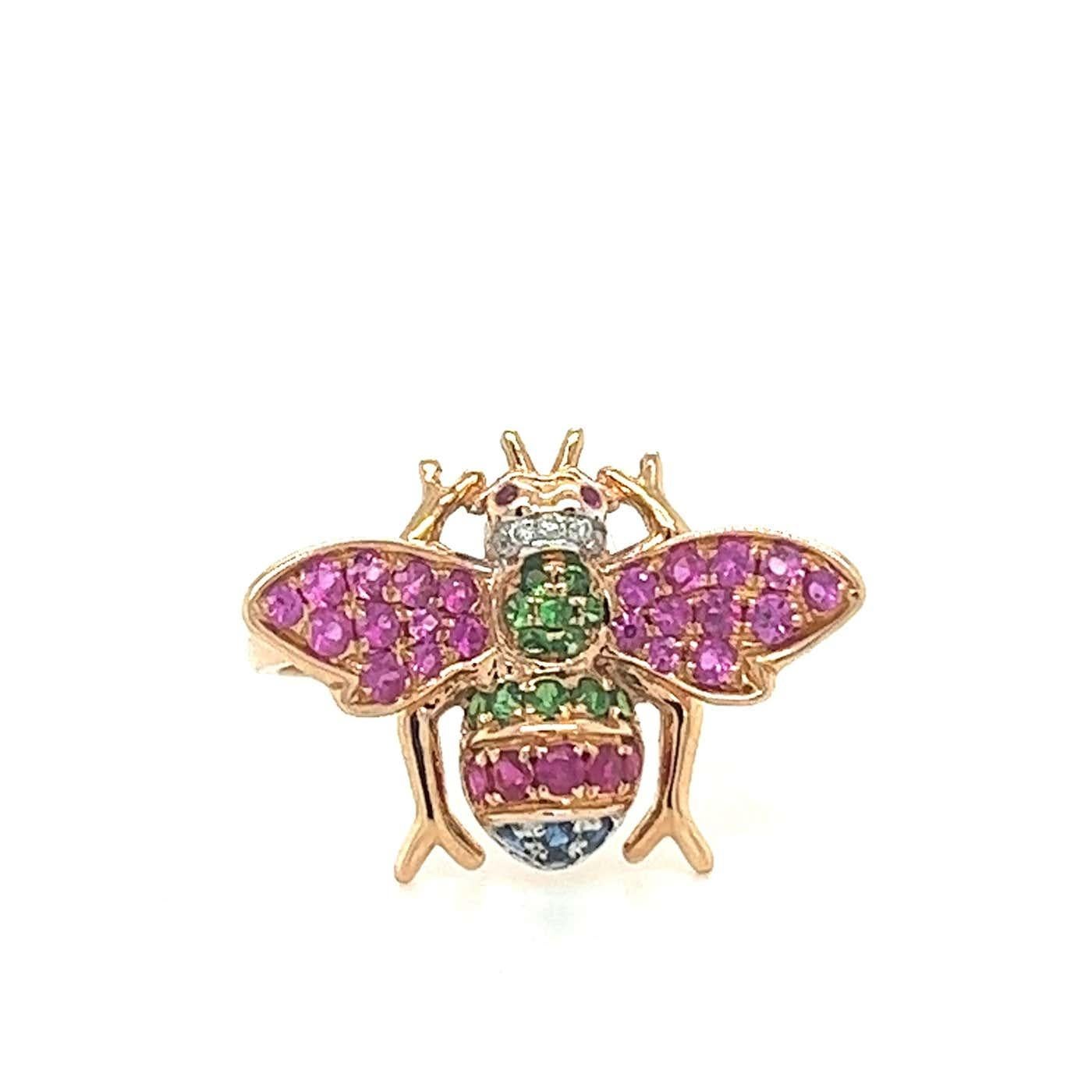 Pink Sapphire & Gemstone and Diamond Pave Bee 18K Rose Gold Animal Ring In New Condition For Sale In Oakton, VA