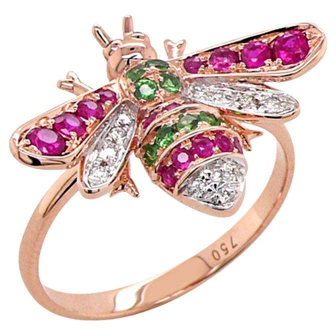 Zafiro Rosa y Piedra Preciosa y Diamante Pave Abeja Anillo Animal de Oro Rosa de 18K