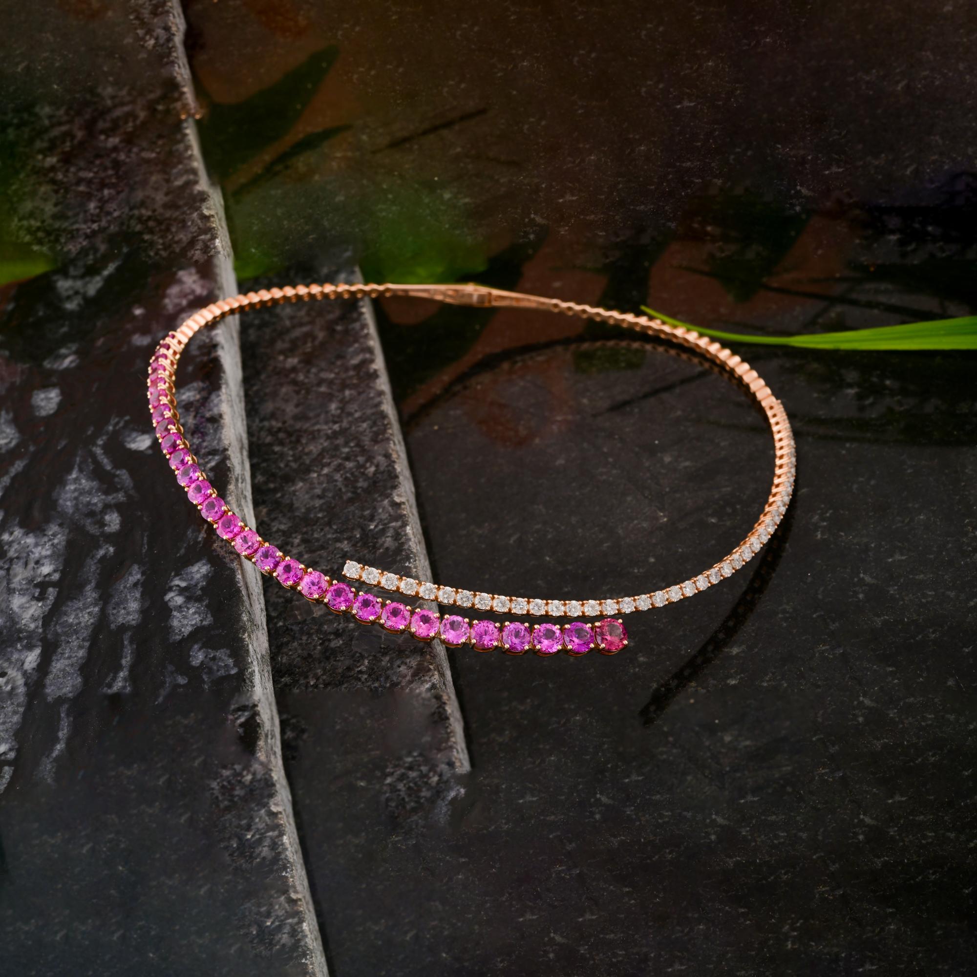 Round Cut Pink Sapphire Gemstone Choker Diamond Necklace 18 Karat Rose Gold Fine Jewelry For Sale