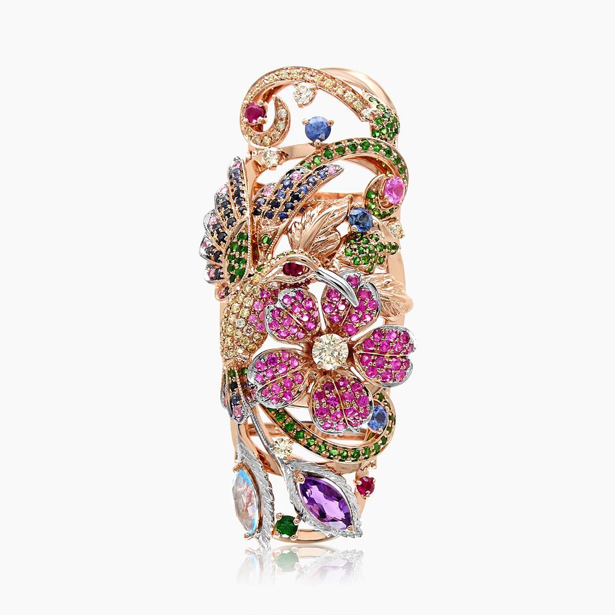 oro rosa de 18 quilates
1 amatista 0,49 TC
1 MXTZ 0,77 CT
1 Diamante Blanco 0.01 CT
56 diamantes fantasía 0,74 TC
222 Zafiro Multicolor 3,18 CT
18KR 21.02 GM 

Joyas de oro de 18 quilates y diamantes preciosos y piedras preciosas de animales y