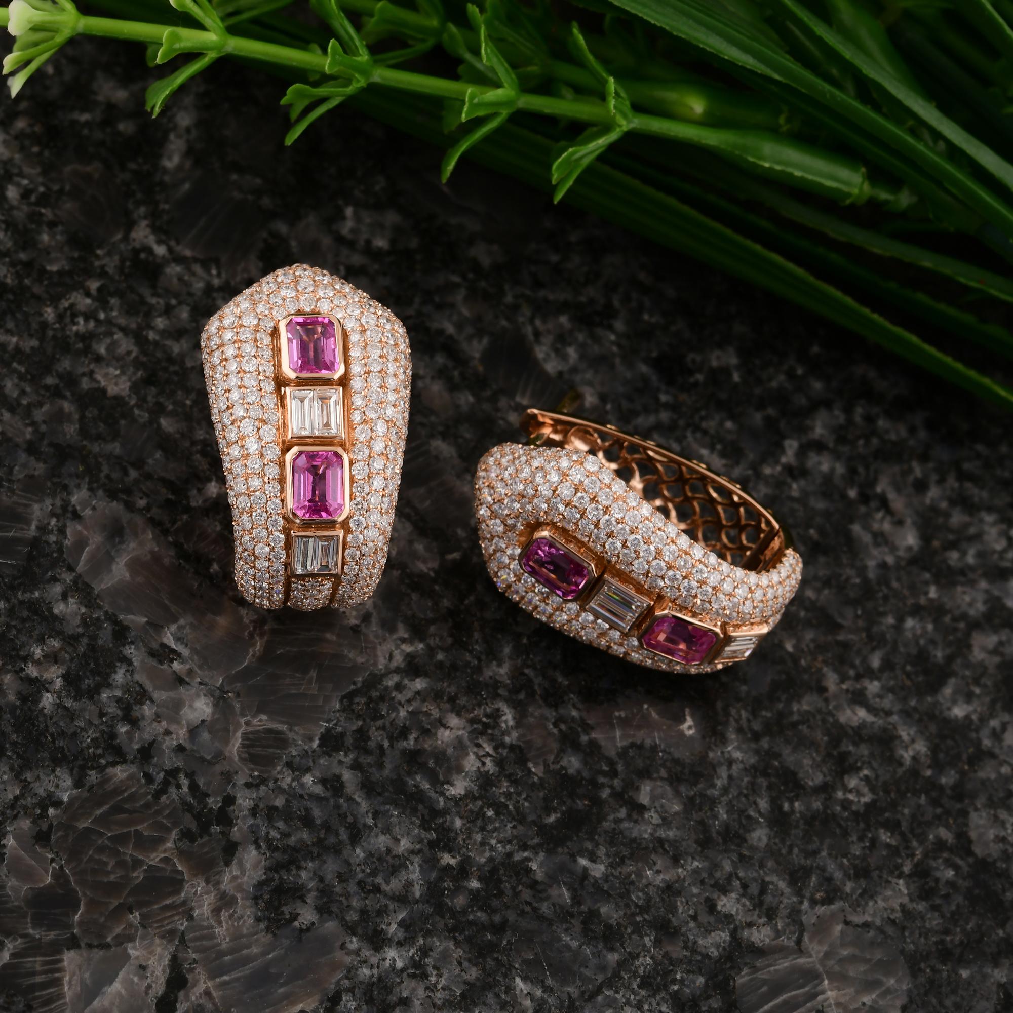 Taglio smeraldo Orecchini con gemma di zaffiro rosa SI/H Diamante in oro giallo 14 carati Gioielli di pregio in vendita