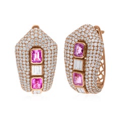 Pink Sapphire Gemstone Earrings SI/H Diamond 18 Karat Yellow Gold Fine Jewelry