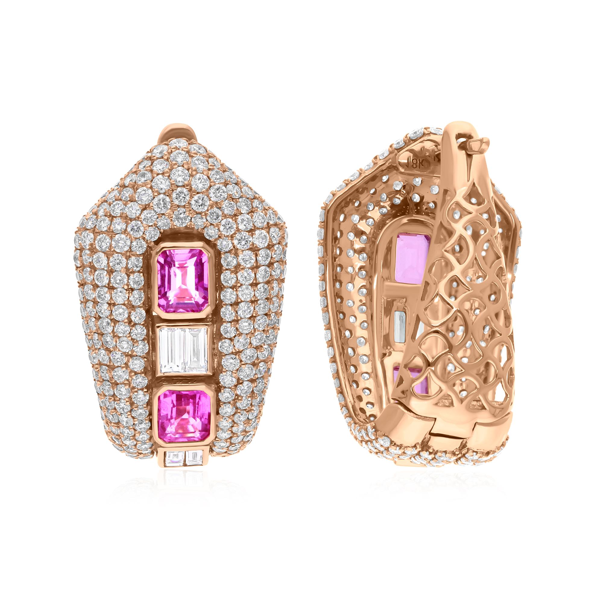 Modern Pink Sapphire Gemstone Earrings SI/H Diamond 18 Karat Yellow Gold Fine Jewelry For Sale