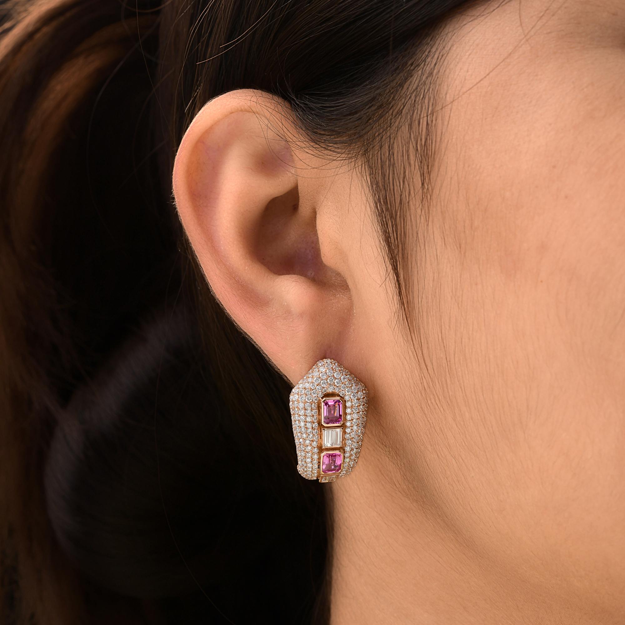 Women's Pink Sapphire Gemstone Earrings SI/H Diamond 18 Karat Yellow Gold Fine Jewelry For Sale
