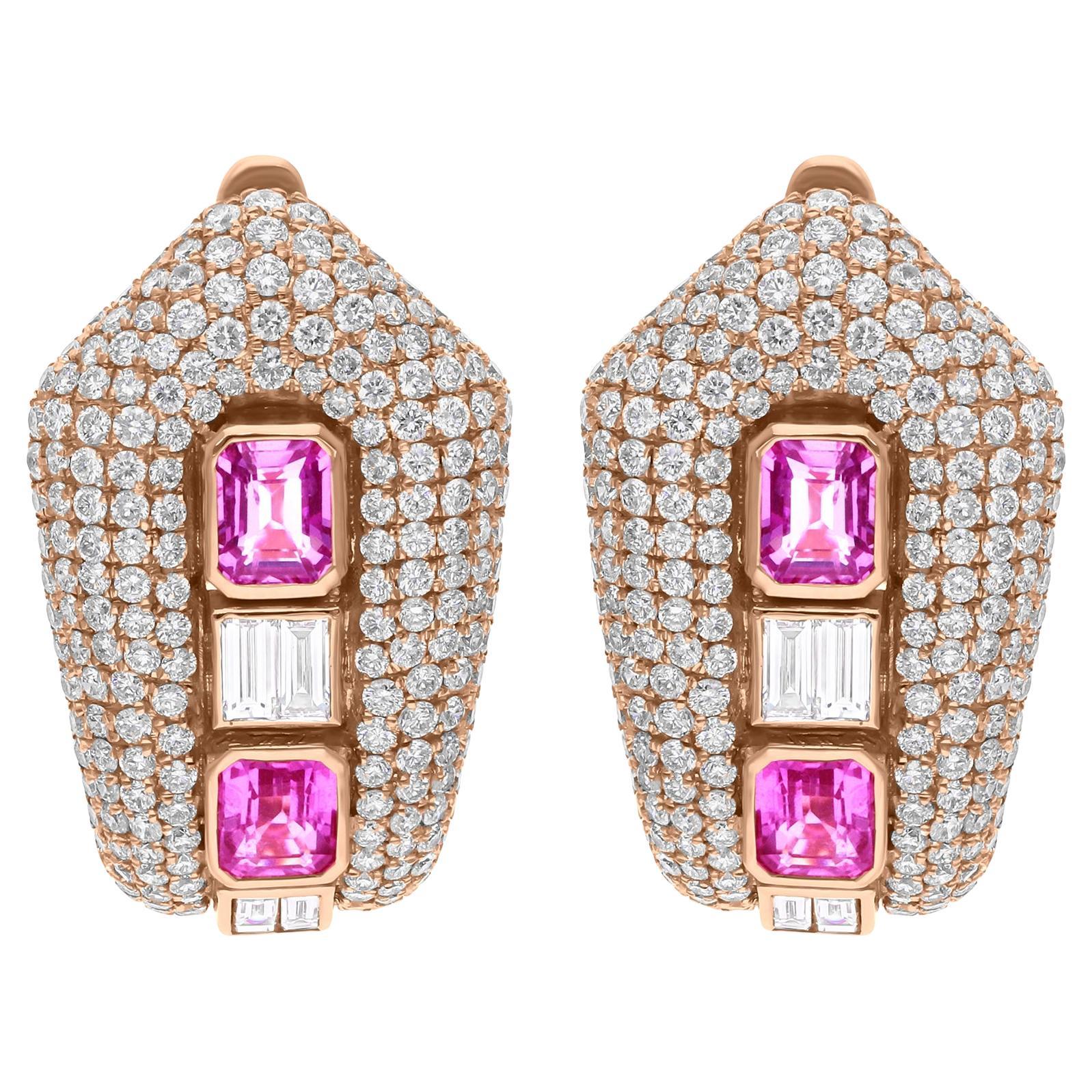 Pink Sapphire Gemstone Earrings SI/H Diamond 18 Karat Yellow Gold Fine Jewelry For Sale