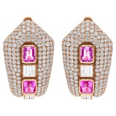 Boucles d'oreilles en or jaune 18 carats, saphir rose, pierre précieuse SI/H et diamant