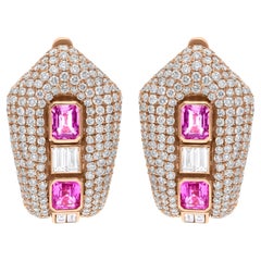 Pendientes Zafiro Rosa SI/H Diamante Oro Amarillo 18 Kilates Alta Joyería
