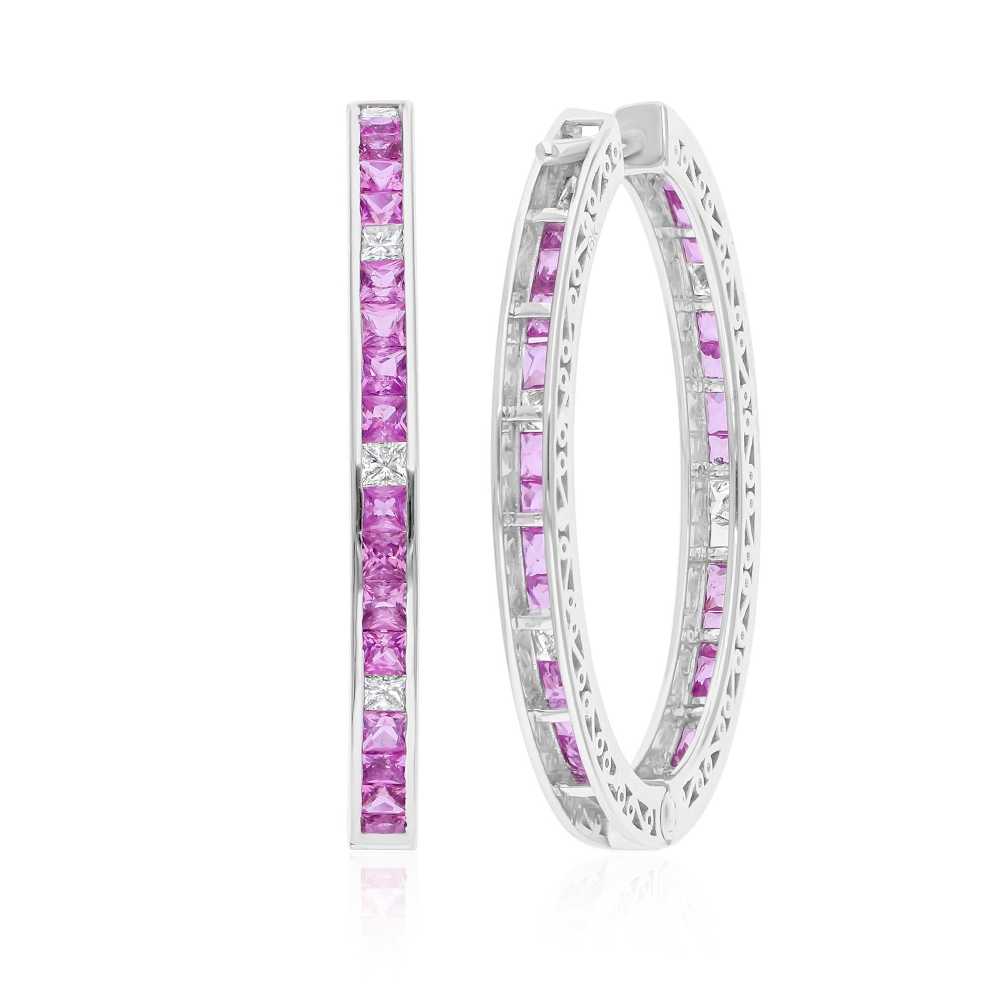 Modern Pink Sapphire Gemstone Hoop Earrings SI/H Diamond 14 Karat White Gold Jewelry For Sale