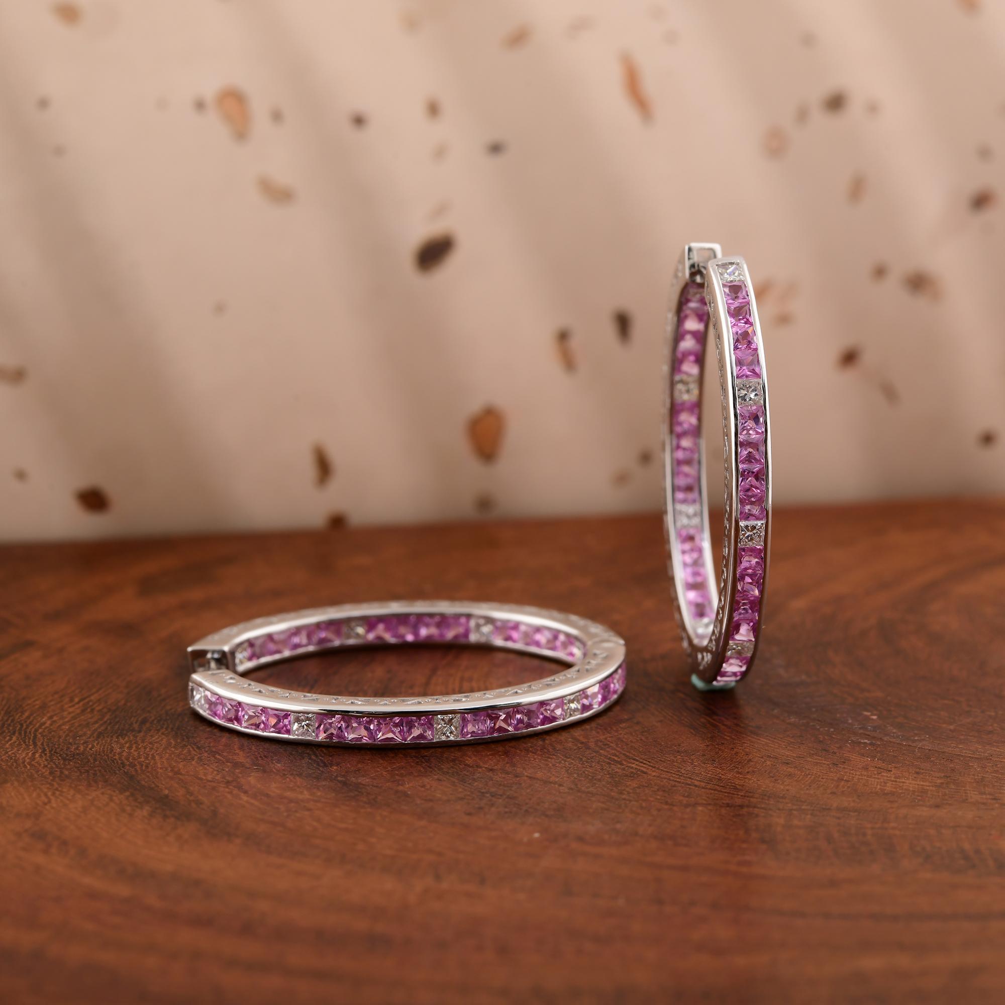 Pink Sapphire Gemstone Hoop Earrings SI/H Diamond 14 Karat White Gold Jewelry In New Condition For Sale In Diera, Dubai