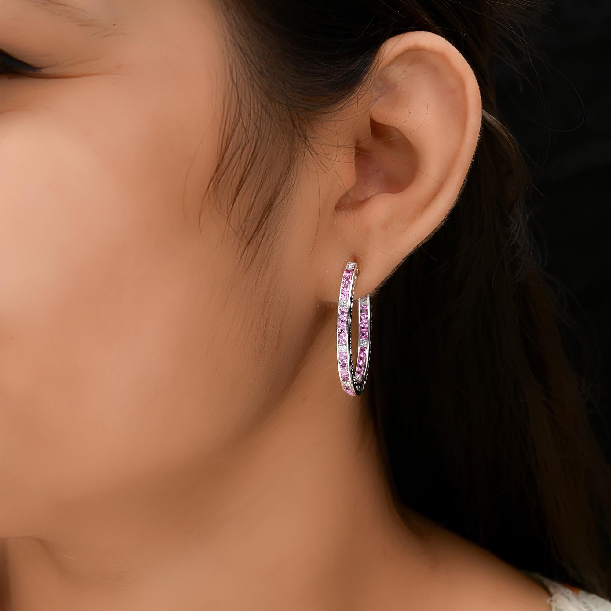 Women's Pink Sapphire Gemstone Hoop Earrings SI/H Diamond 14 Karat White Gold Jewelry For Sale