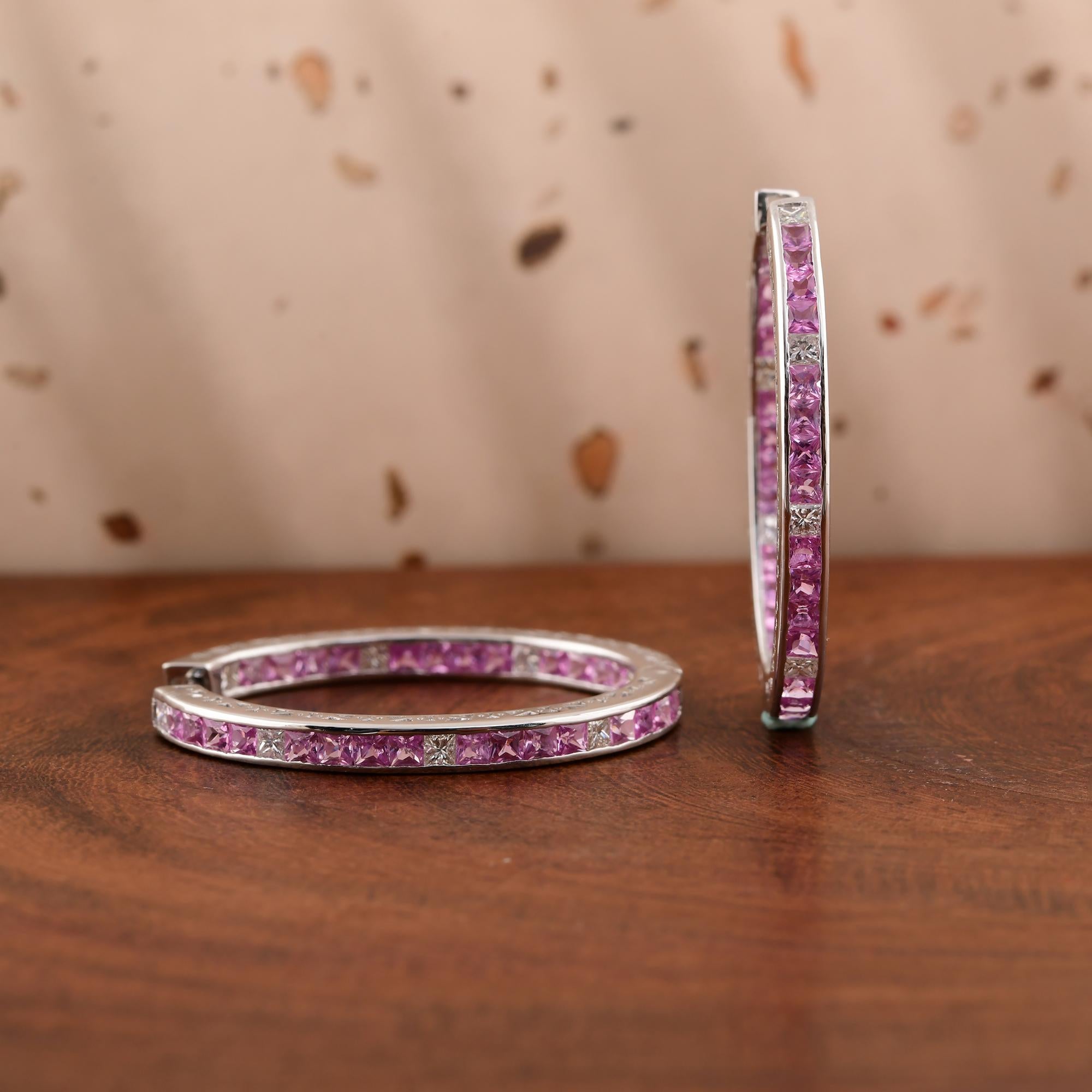 Taglio princess Orecchini a cerchio con pietra preziosa zaffiro rosa SI/H Diamante Gioielli in oro bianco 18 carati in vendita