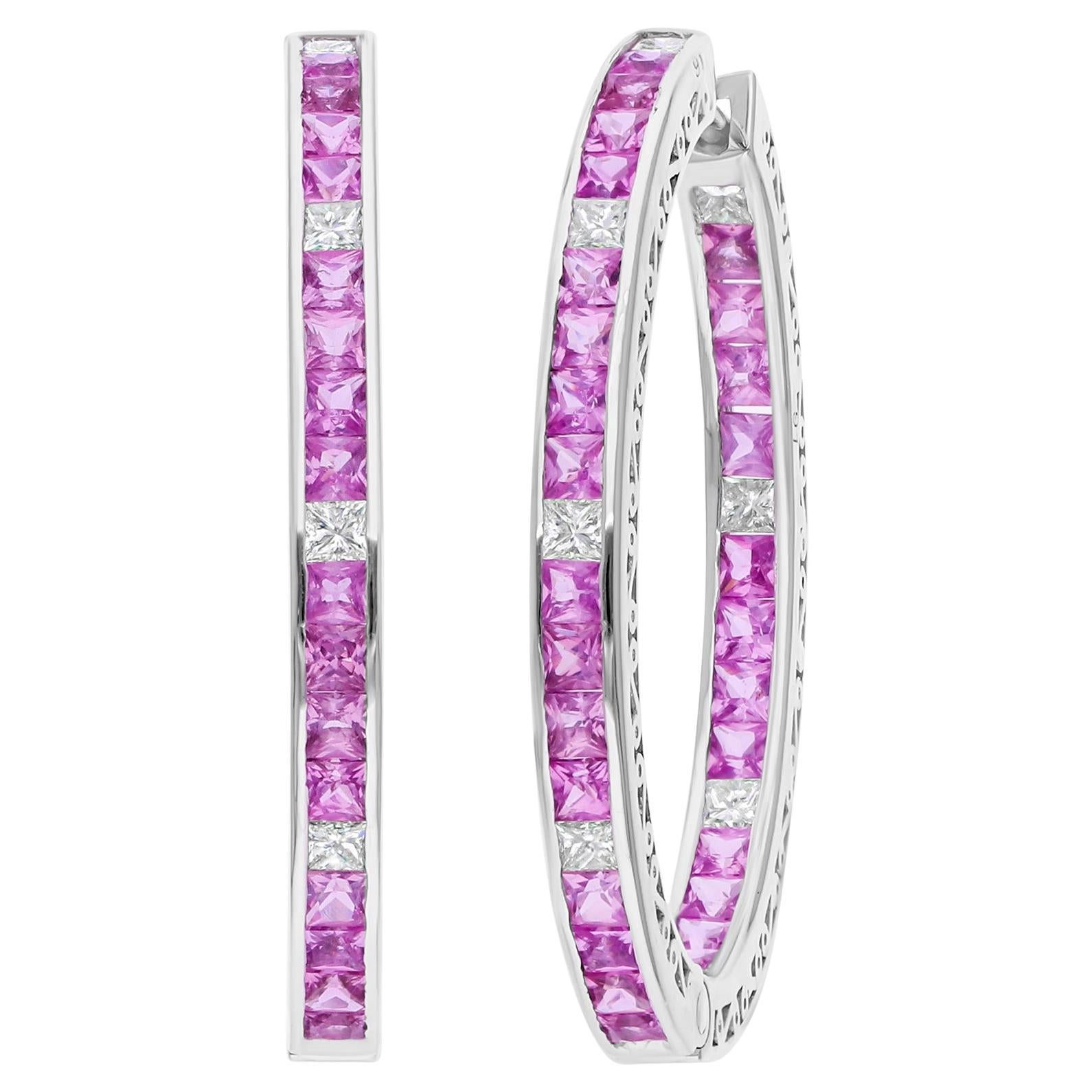 Pink Sapphire Gemstone Hoop Earrings SI/H Diamond 18 Karat White Gold Jewelry