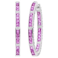 Pink Sapphire Gemstone Hoop Earrings SI/H Diamond 18 Karat White Gold Jewelry