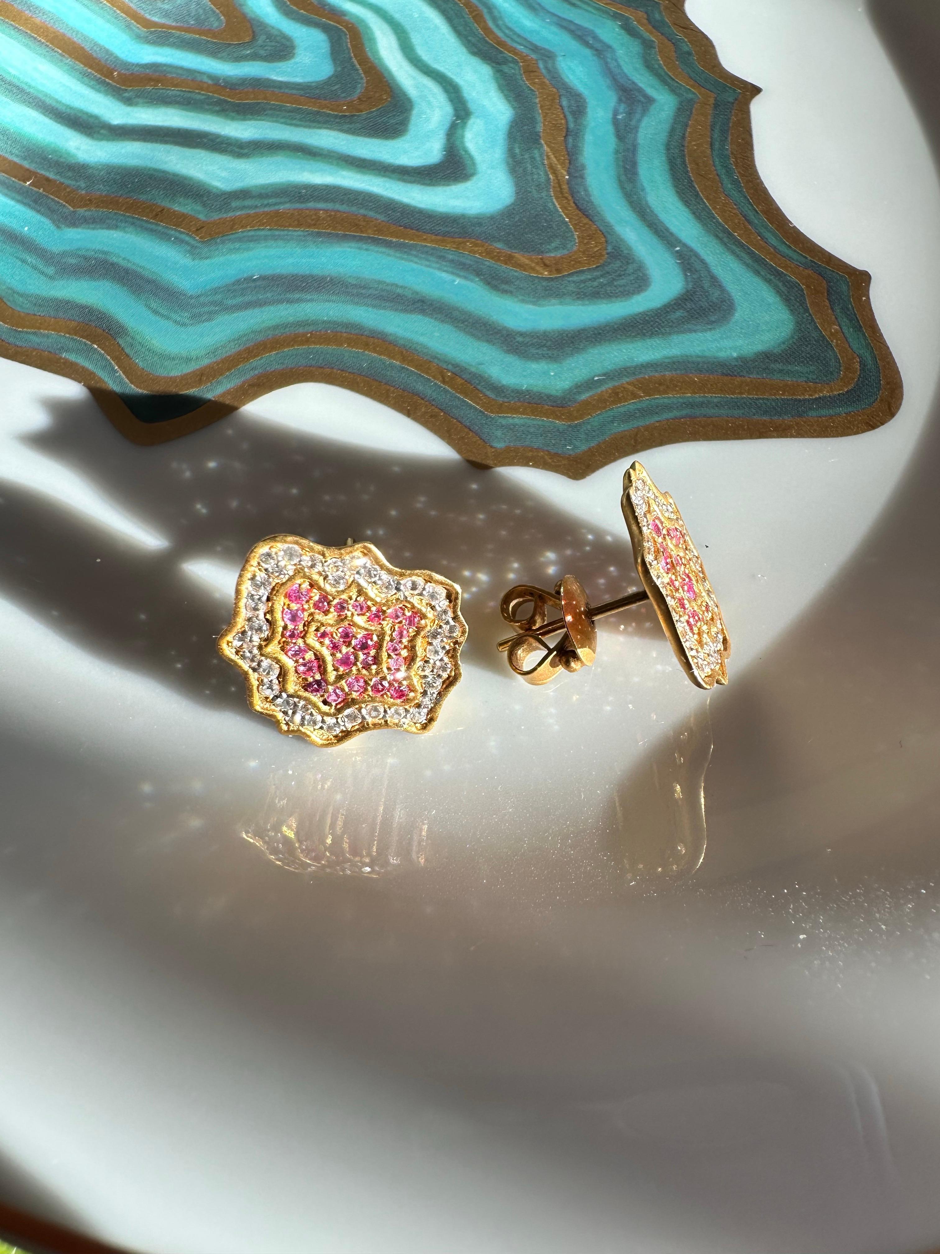 Round Cut Pink Sapphire Gold Flower Studs by Lauren Harper For Sale