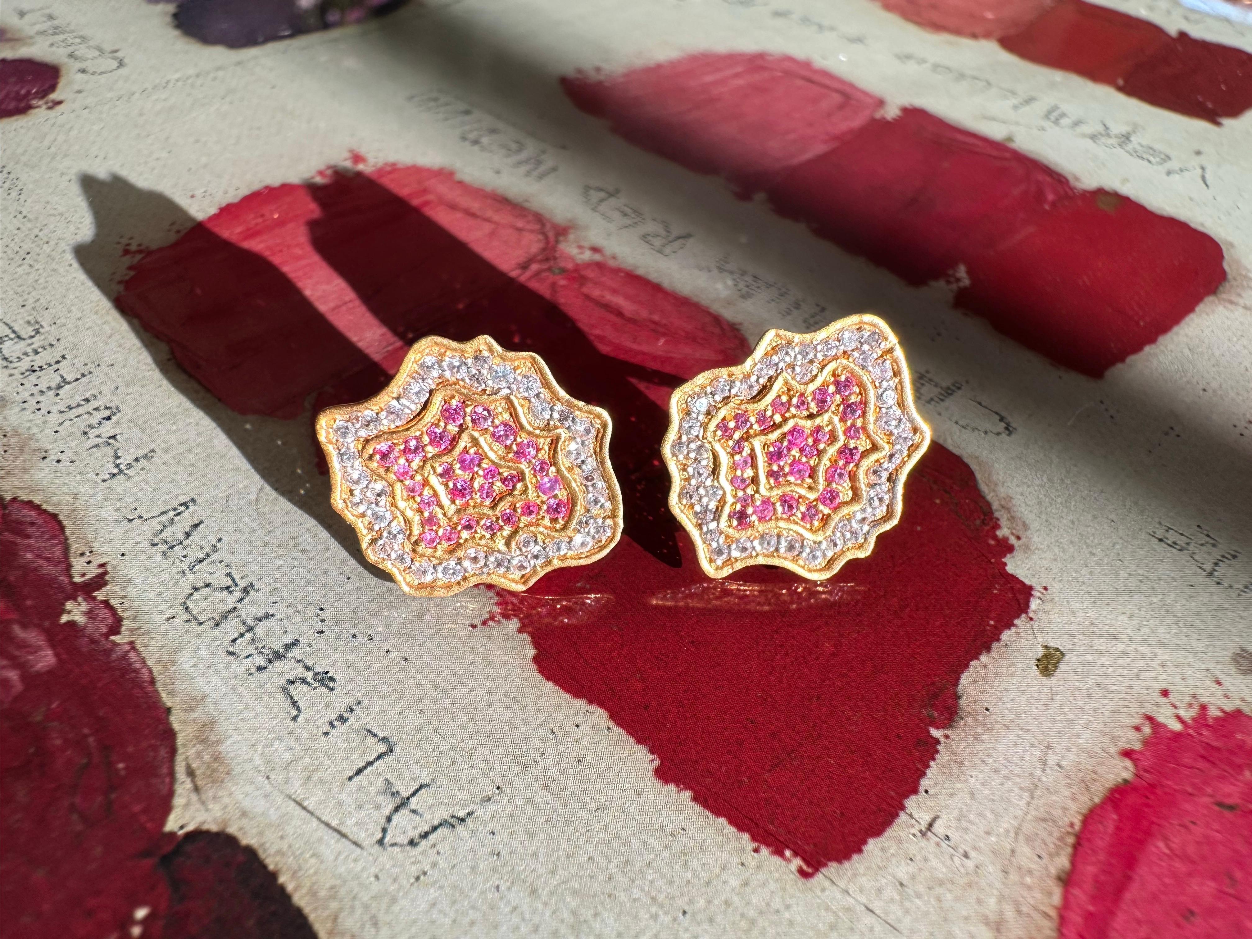 Women's Pink Sapphire Gold Flower Studs by Lauren Harper For Sale