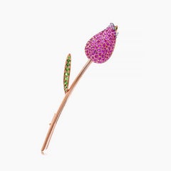 Pink Sapphire Green Garnet & Diamond Floral Flower 18K Rose Gold Brooch