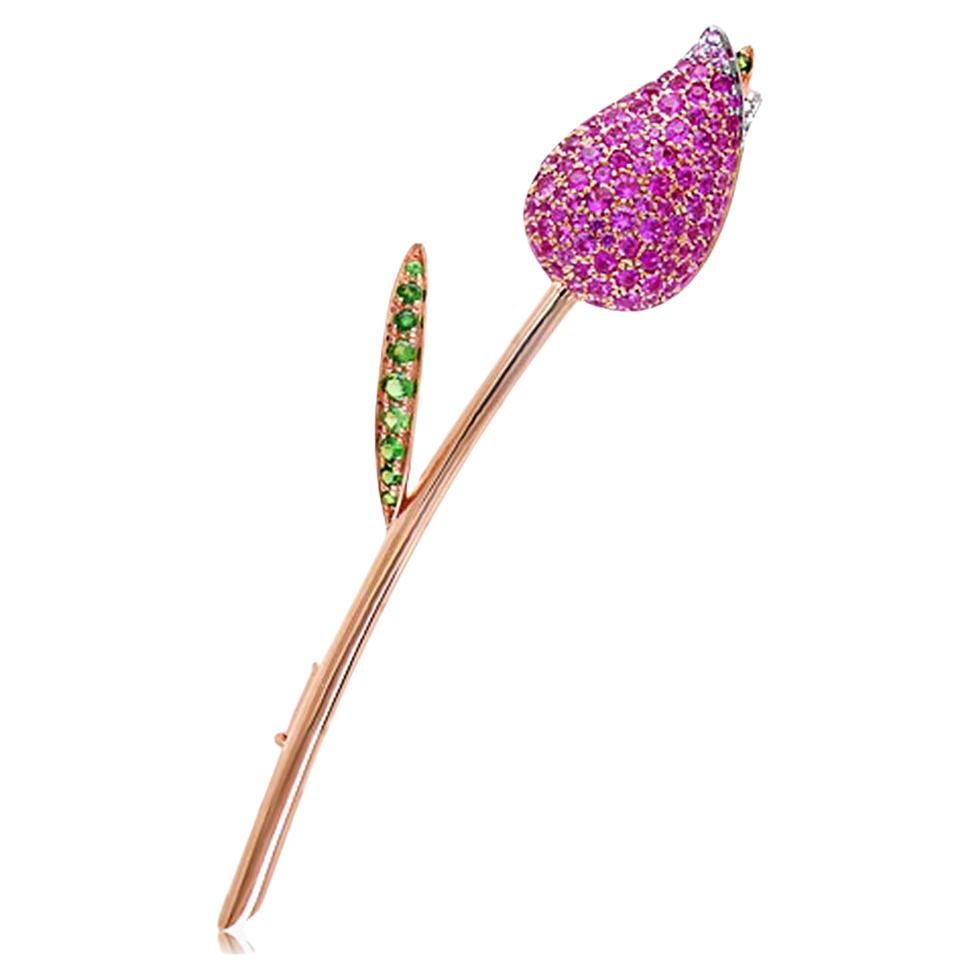 Broche en or rose 18 carats saphir rose, grenat vert et diamant fleuri