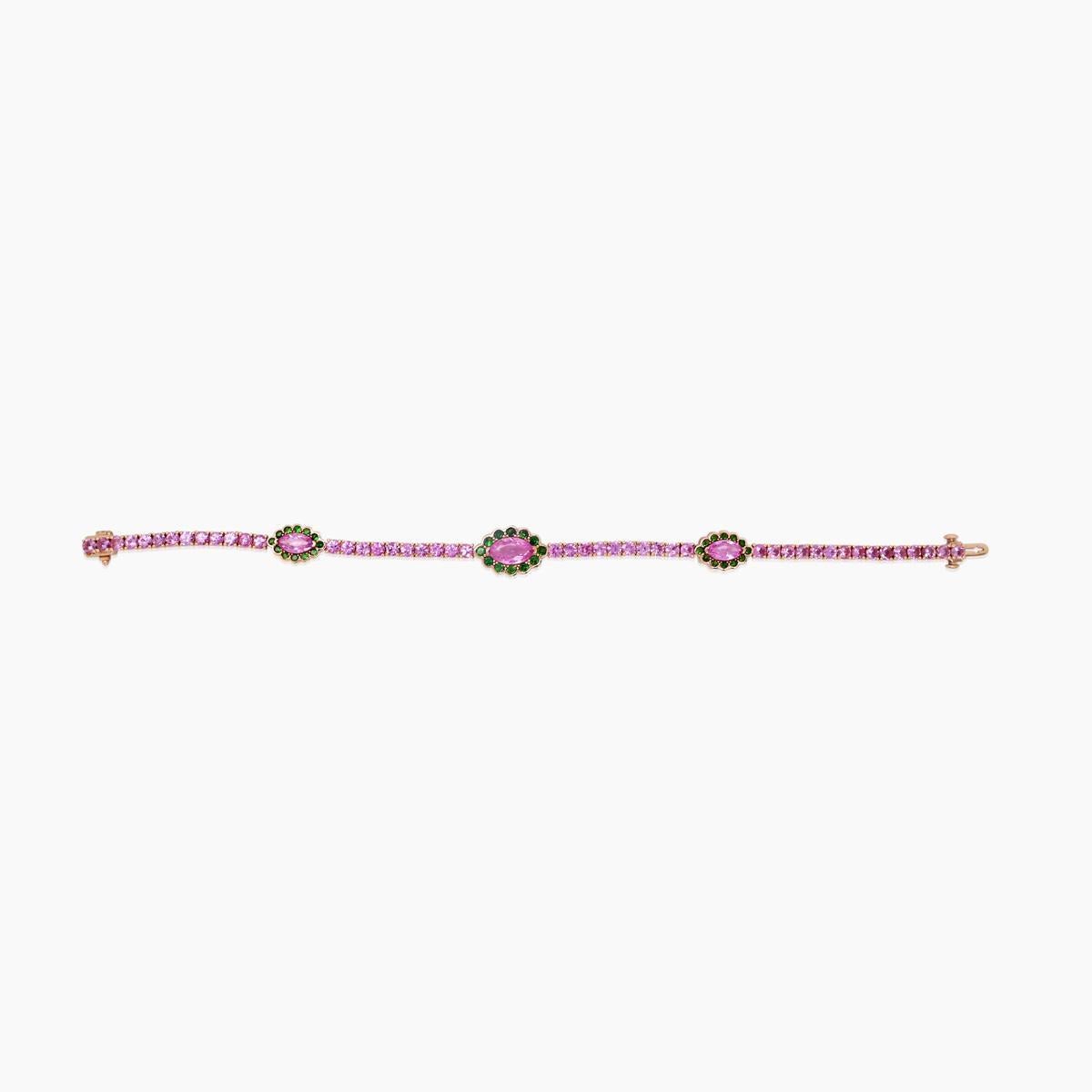 Taille mixte Bracelet de tennis en or 18K avec saphir rose, grenat vert et perles blanches en vente