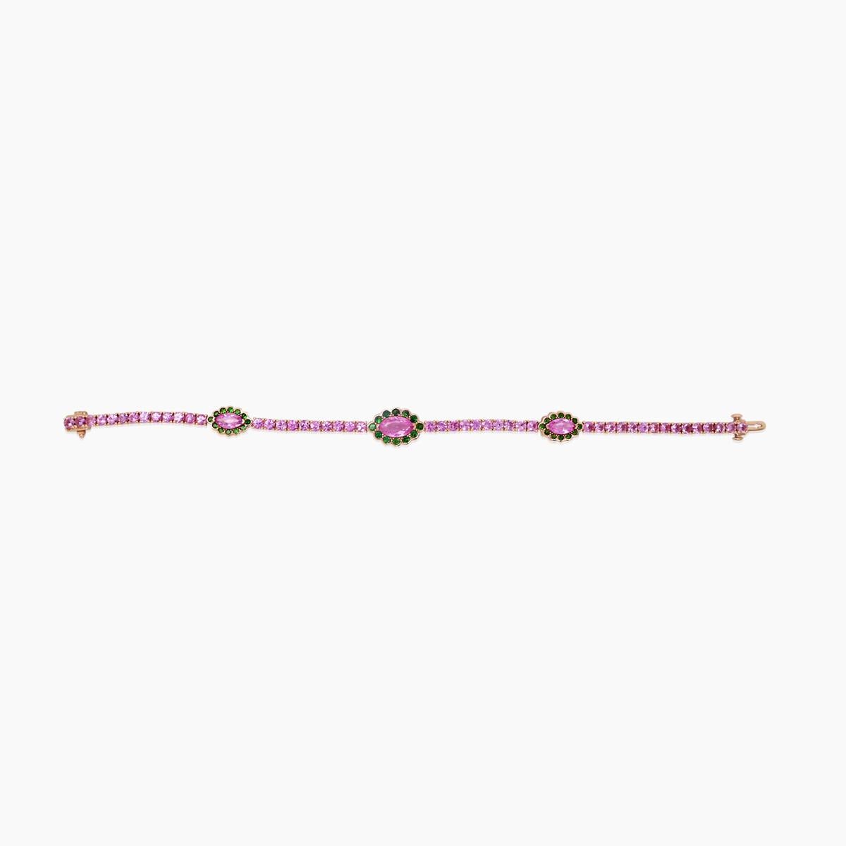 Bracelet de tennis en or 18K avec saphir rose, grenat vert et perles blanches Neuf - En vente à Oakton, VA