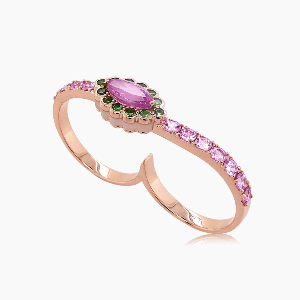 Taglio misto Zaffiro rosa, granato verde, perla bianca e pietra preziosa Anello doppio in oro rosa 18 carati in vendita