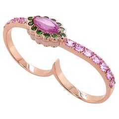 Zaffiro rosa, granato verde, perla bianca e pietra preziosa Anello doppio in oro rosa 18 carati