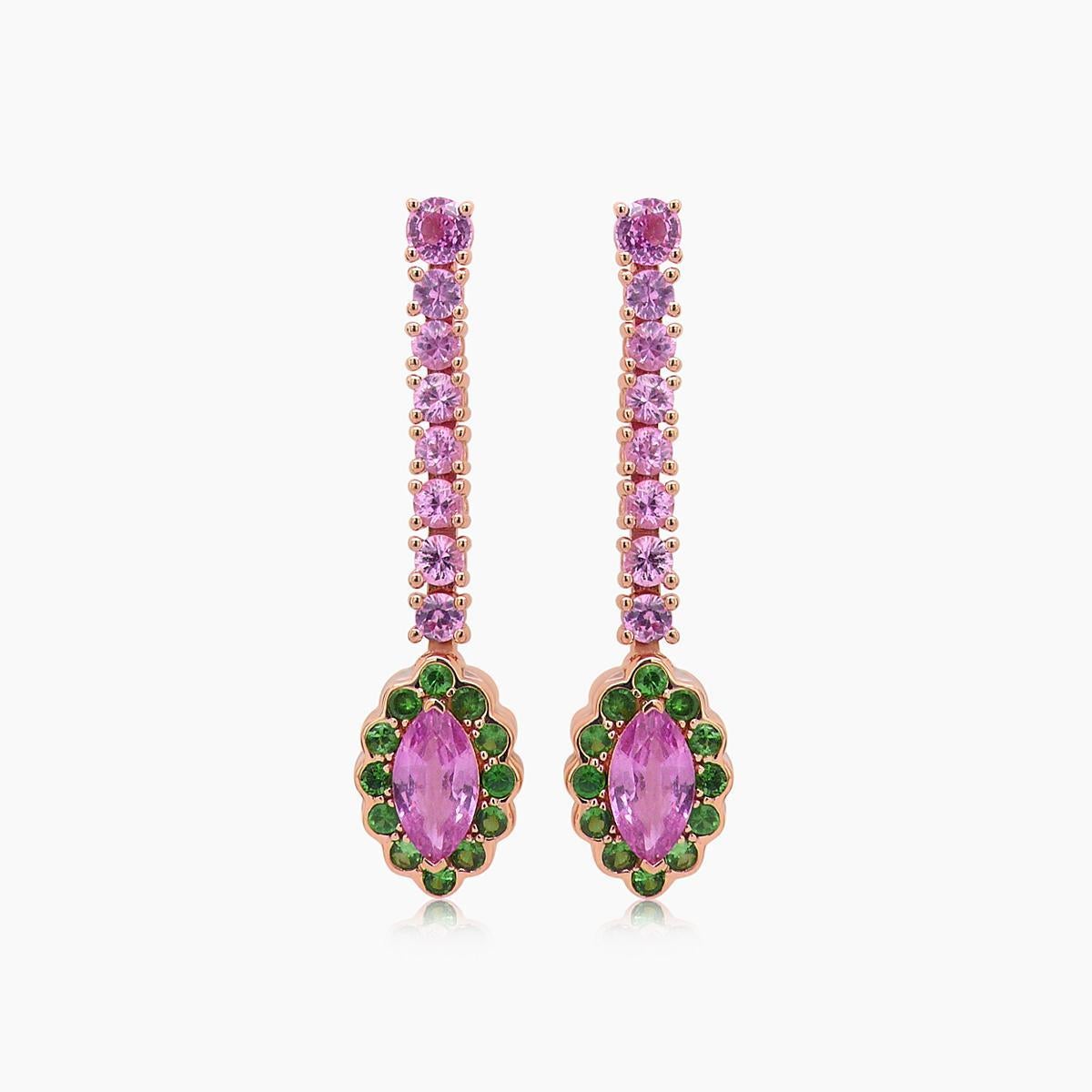 Taille mixte Boucles d'oreilles en or rose 18 carats, saphir rose, grenat vert, perle blanche et pierres multiples en vente