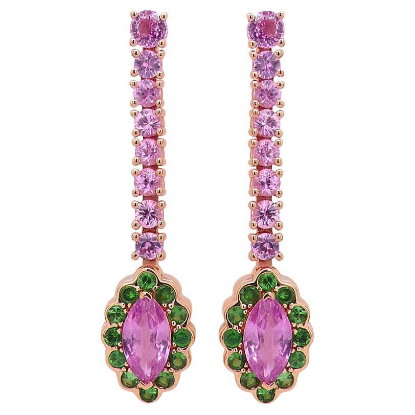 Boucles d'oreilles en or rose 18 carats, saphir rose, grenat vert, perle blanche et pierres multiples en vente